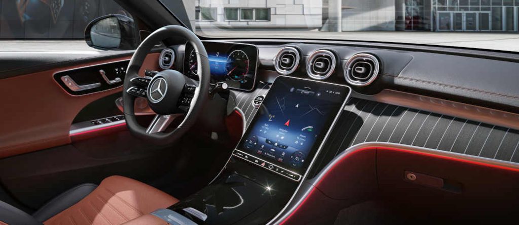 The high-tech interior including the MBUX Hyperscreen in the 2026 Mercedes-Benz C-Class