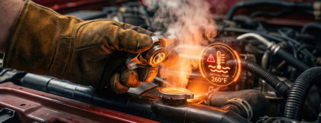 A trained professional removing the coolant cap from the radiator of an overheated vehicle.