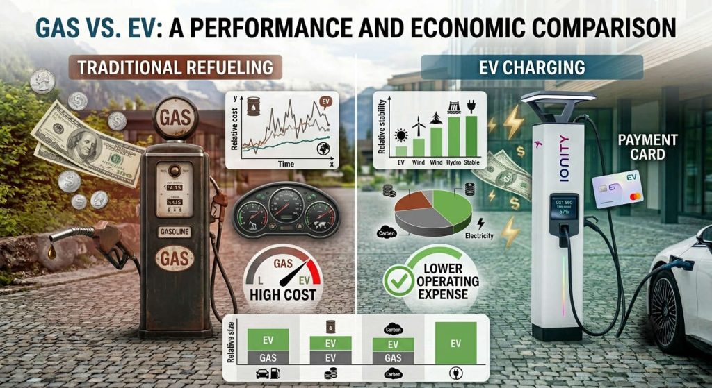 A graphic depicting the cost of driving a gas powered car vs driving an EV