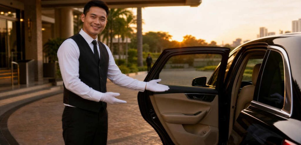 A valet gesturing for the viewer to enter their Mercedes-Benz