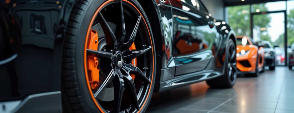 A lineup of high end sports cars with high-performance tires equipped