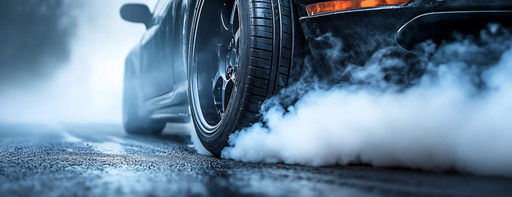 A sports car equipped with high-performance tires spinning and smoking