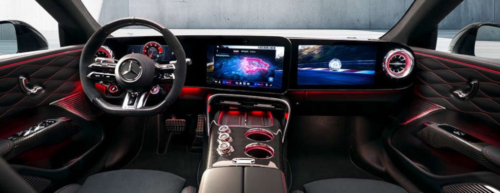 The high tech cockpit, displays, and controls in the 2027 AMG GT 4-door Coupe EV.