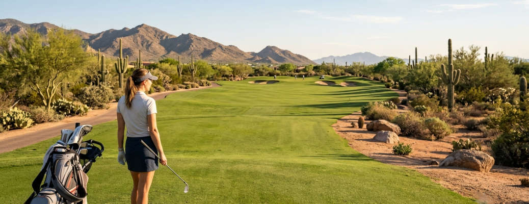 A woman teeing off of the fairway of a Scottsdale golf course in the fall season