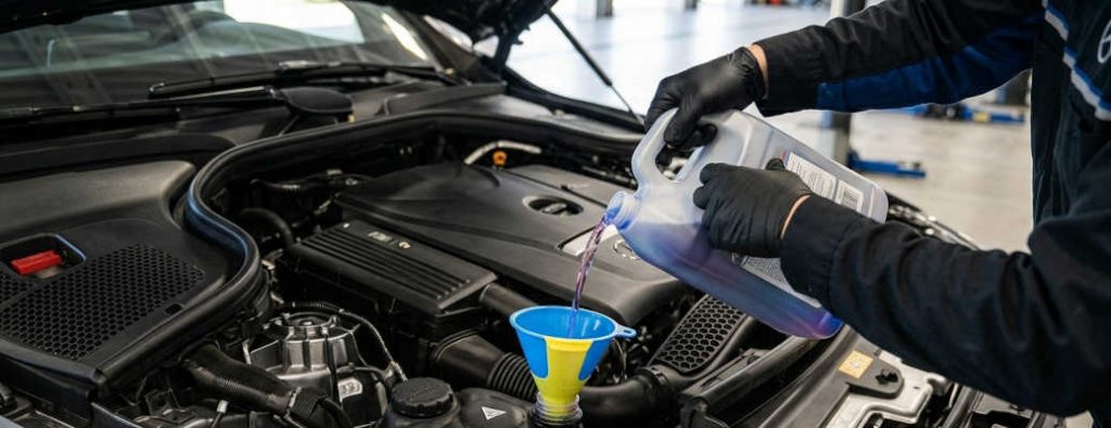 A Mercedes-Benz vehicle getting a fall service including a coolant flush and fill at Mercedes-Benz of Scottsdale