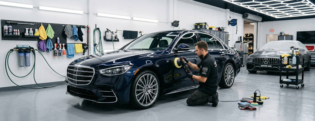 A Mercedes-Benz technician detailing the exterior of a vehicle to protect it from the harsh desert sun
