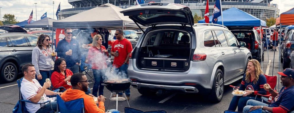 A group of people enjoying a pre-game tailgating session behind their 2027 Mercedes-Benz GLS SUV near Scottsdale
