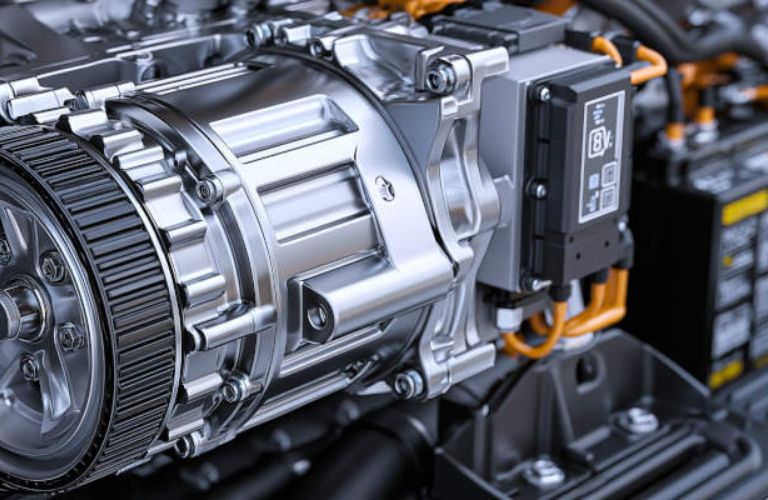 Close-up of a Mercedes-Benz hybrid engine’s electric motor and battery components