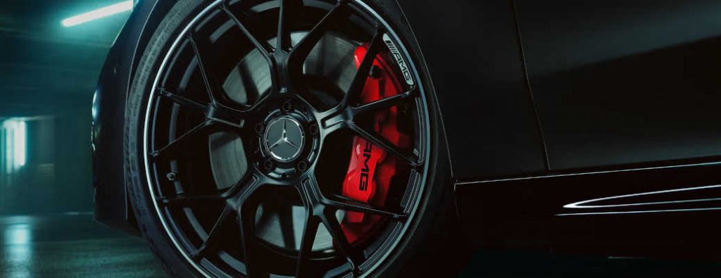 A close up view of AMG carbon ceramic brakes