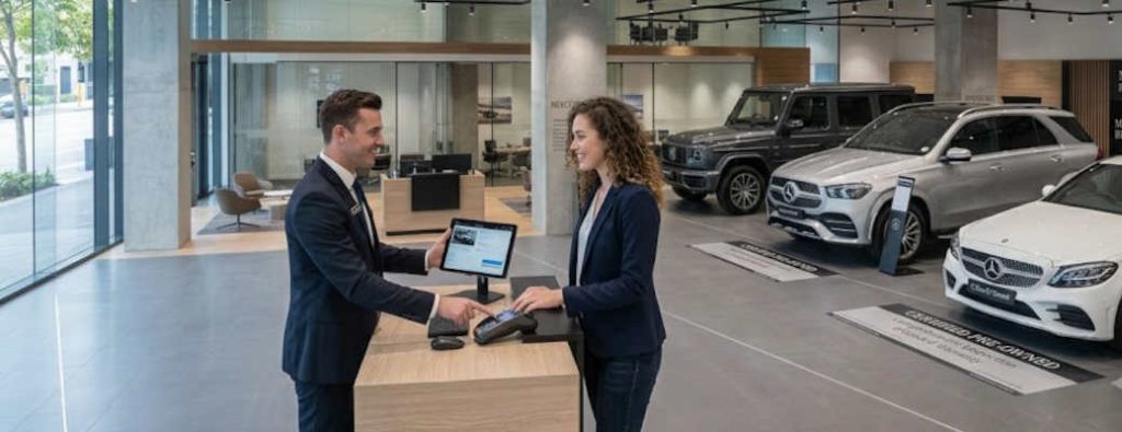 A woman deciding between nearly new vs CPO when purchasing a Mercedes-Benz vehicle