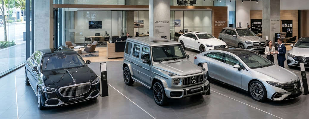 A Mercedes-Benz showroom displaying a variety of new, CPO, and nearly new vehicles