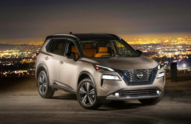 Front view of the 2021 Nissan Rogue showing LED headlights