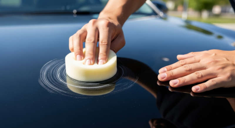Close up of a persons hands using a foam applicator sponge to manually apply wax in a circular motion on the glossy surface of a black vehicle.