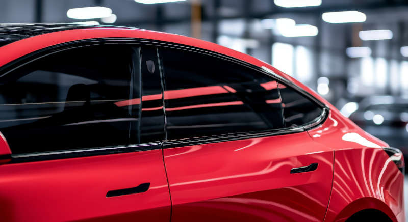 Side view of car window tint showcasing ceramic film that offers superior heat rejection and UV protection. This car tinting service ensures a stable color on the installed glass surface. This film helps protect the interior of your car from the heat and UV rays