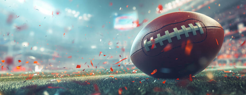 Super Bowl Nightfall. A glistening football lies amidst a field of confetti, basking in the radiant glow of stadium lights