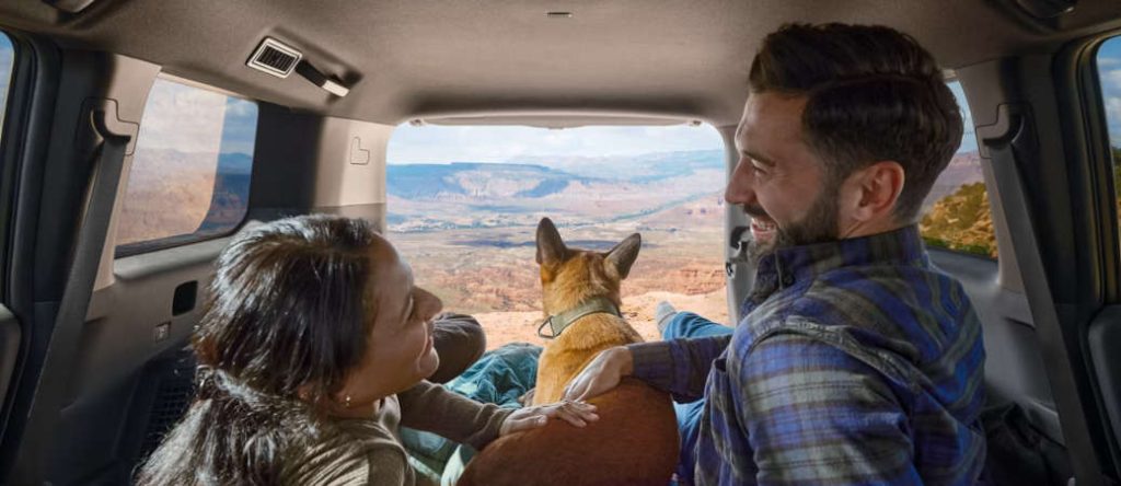 A couple and their dog enjoying the spacious cargo space in the 2026 Toyota Land Cruiser
