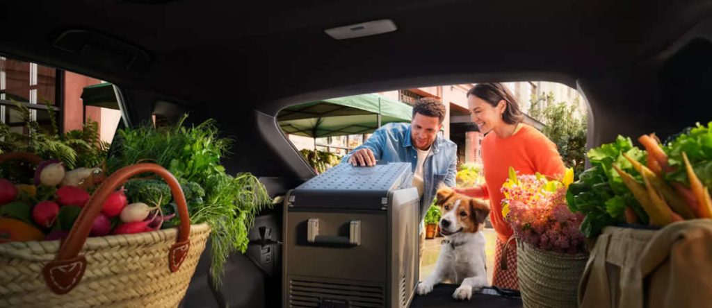 A couple loading produce from the Vacaville area into their new Toyota bZ