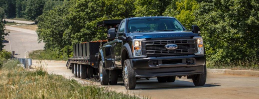 front view of a diesel pickup truck towing