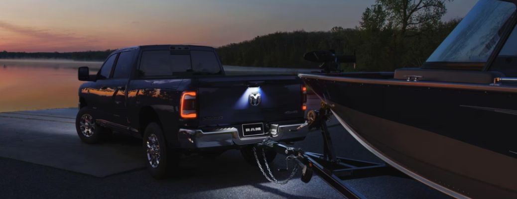 rear view of a RAM truck towing