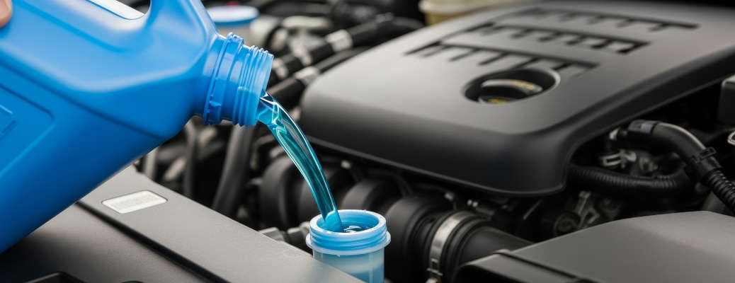 A pickup truck receiving new coolant after a coolant system check.