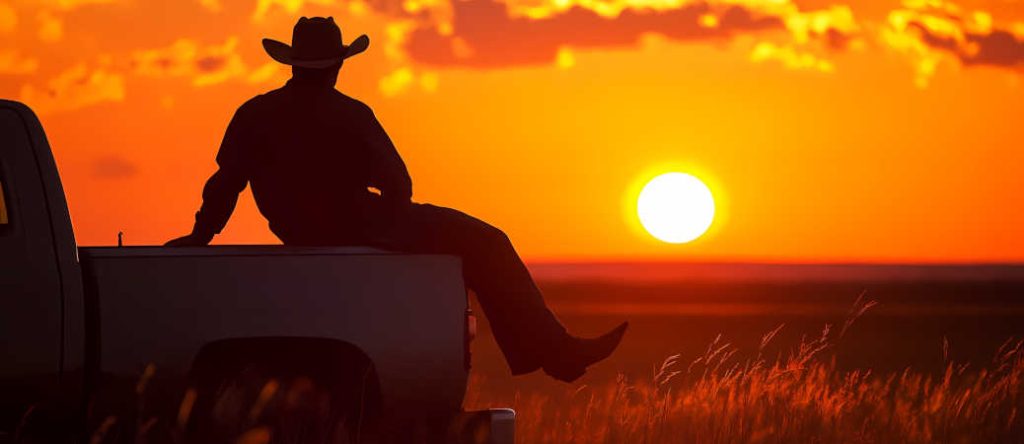 A man enjoying a sunset in Texas after overlanding in a diesel truck.