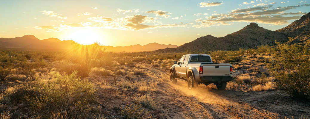 A pickup truck overlanding through the Texas desert.