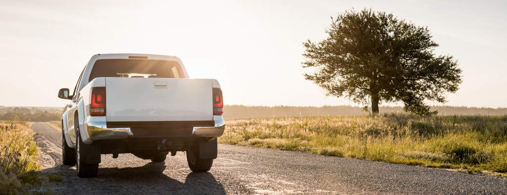A lone diesel pickup truck near an oak tree at sunset