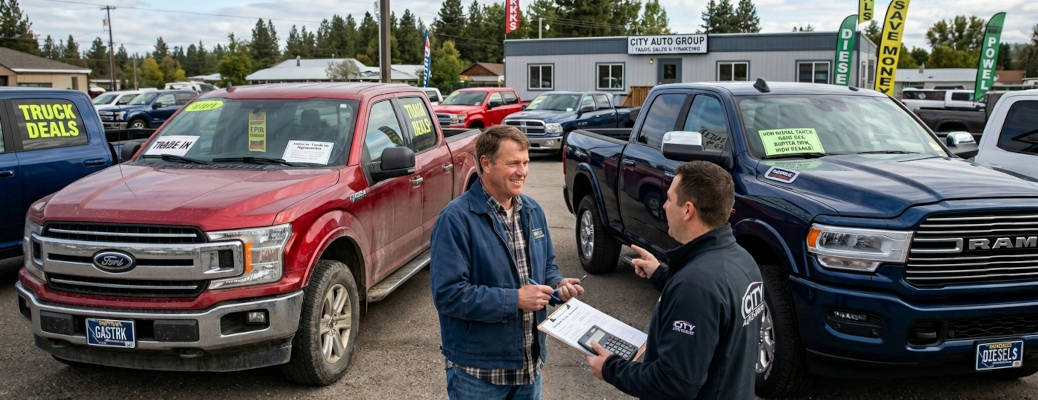 A man trading in a gas powered truck for a diesel truck