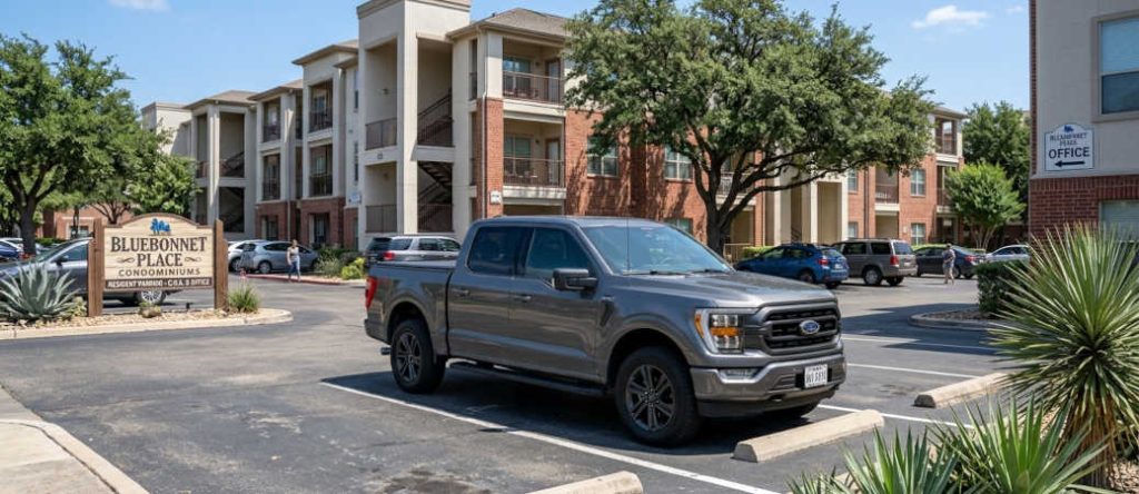 A pickup truck parked in a tight condominium parking lot space near Fort Worth, Texas.
