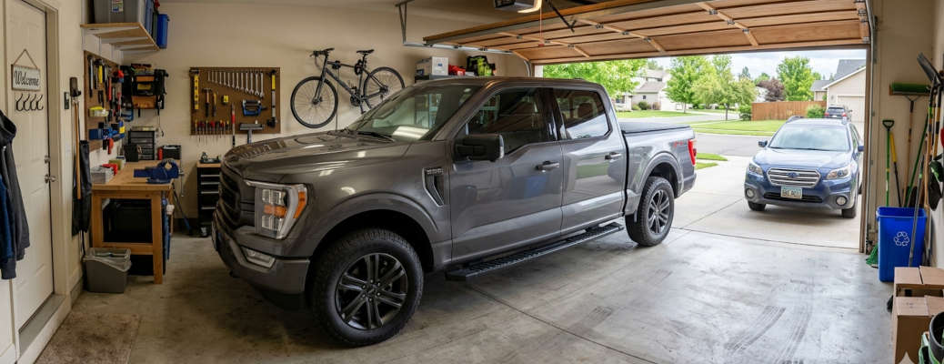 A pickup truck parked in a garage in Fort Worth, Texas