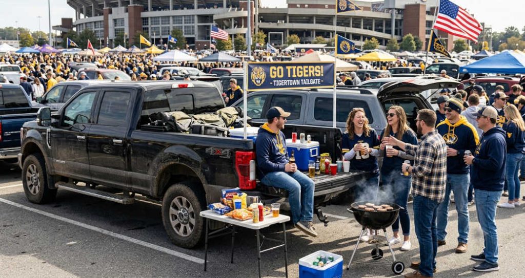People tailgating on a weekend outing in their diesel pickup truck