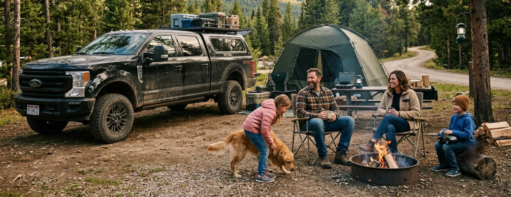 A family camping on a weekend outing in their diesel pickup truck