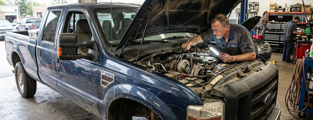 A mechanic inspecting a used diesel pickup truck