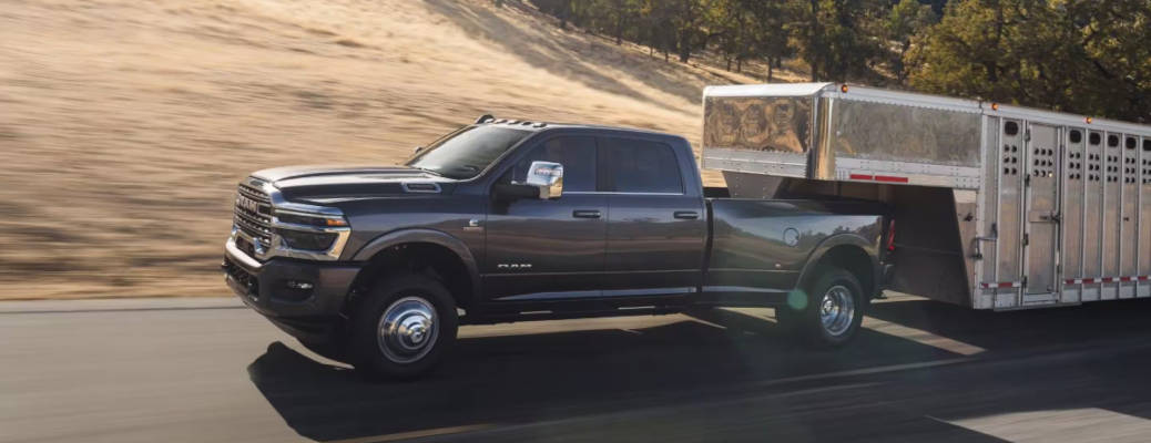 A heavy duty Ram 3500 towing a large trailer