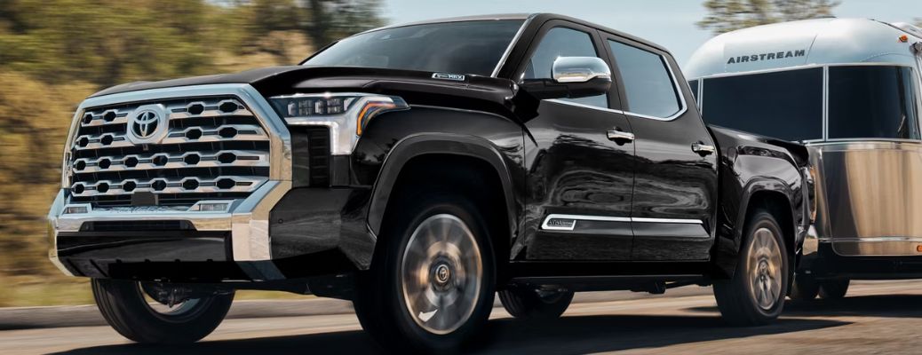 front quarter view of the Toyota Tundra towing a trailer
