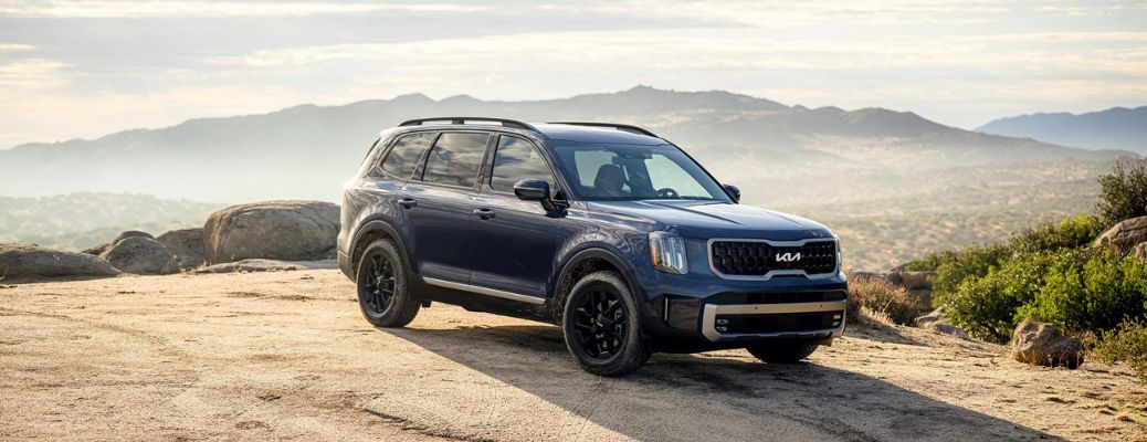 One dark coloured Kia Telluride is parked on the hill.