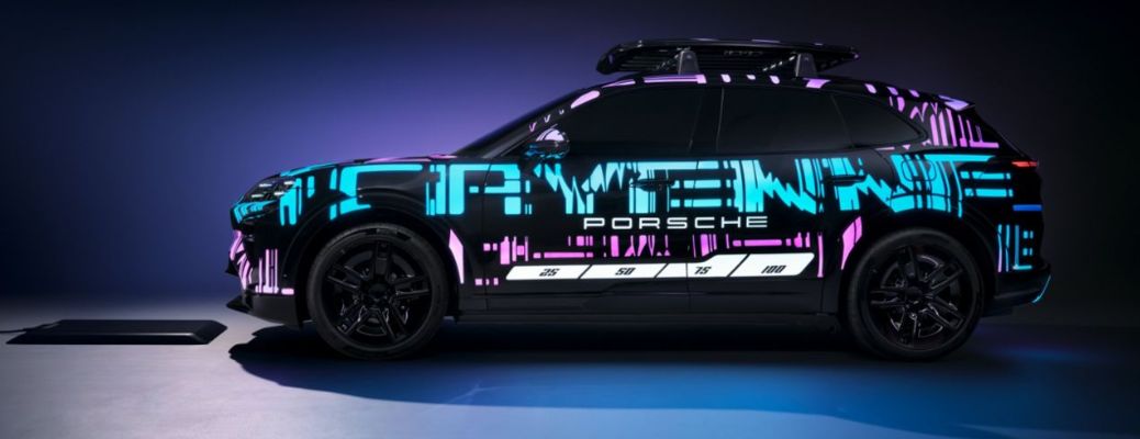A Porsche wireless charging and a Porsche Cayenne vehicle exterior front view