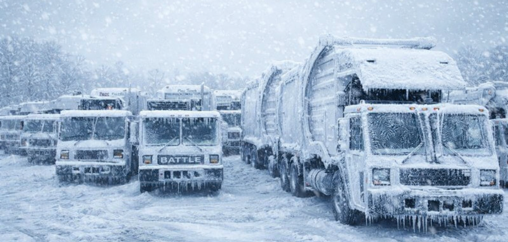 Fleet of garbage trucks and semi trucks covered in ice and snow during extreme cold weather