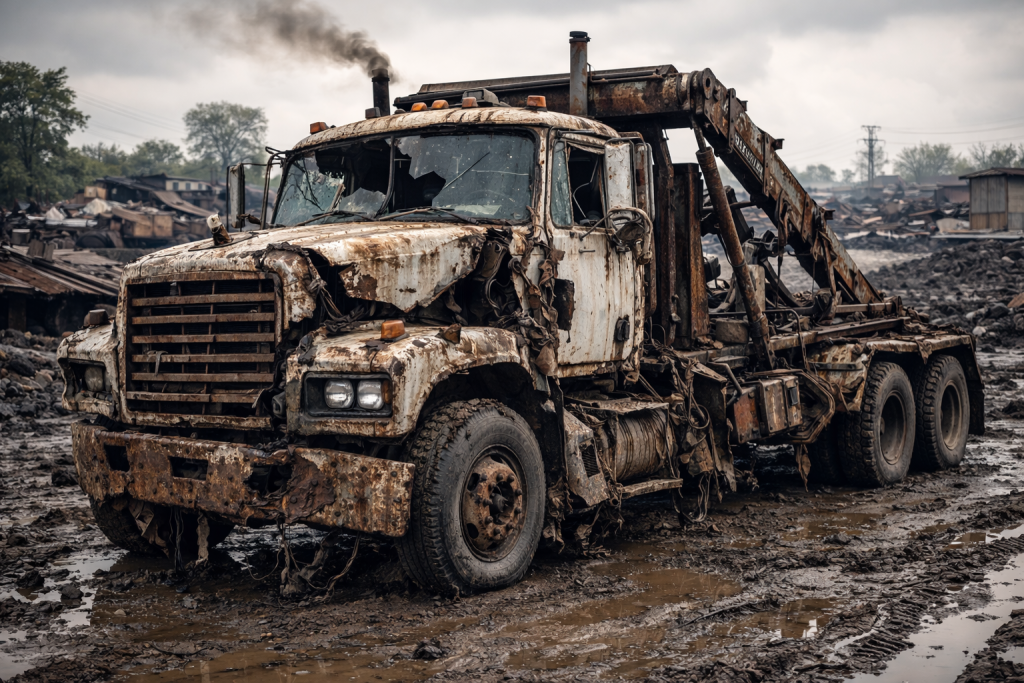 Neglected roll-off truck showing signs of wear from poor maintenance habits