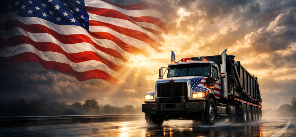 Heavy-duty roll-off truck driving forward on a rain-slick American highway at sunrise, dramatic storm clouds and golden light rays overhead, subtle patriotic red/white/blue accents with a large U.S. flag backdrop, conveying momentum amid tariff uncertainty.