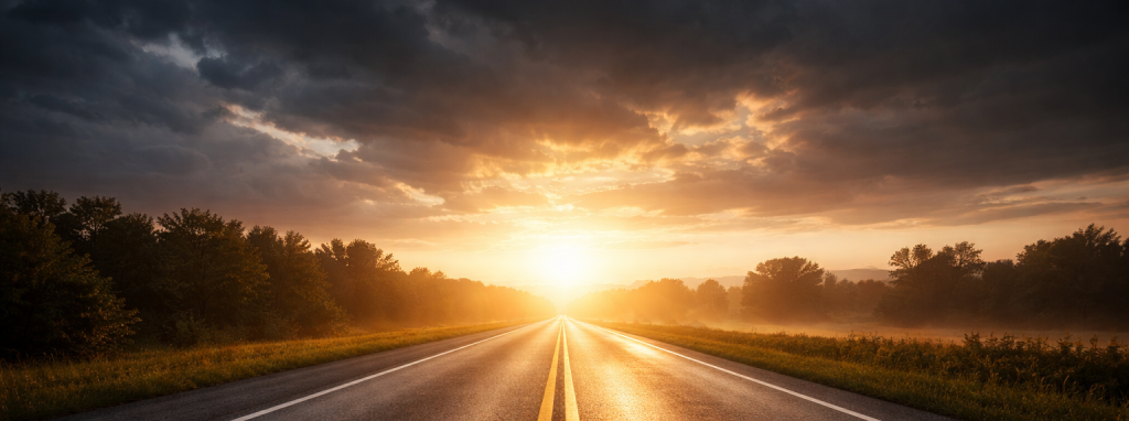 Open highway at sunrise with clear road lines ahead, symbolizing standing strong, unity, and steady leadership in uncertain times.