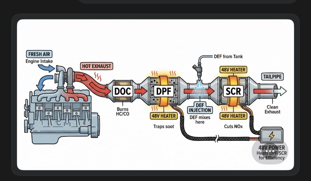 Diagram showing flow of exhaust through engine and aftertreatment system
