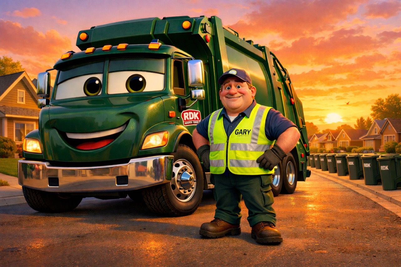 Gary the garbage man standing proudly in front of Big Bertha, his RDK rear loader garbage truck, at sunset