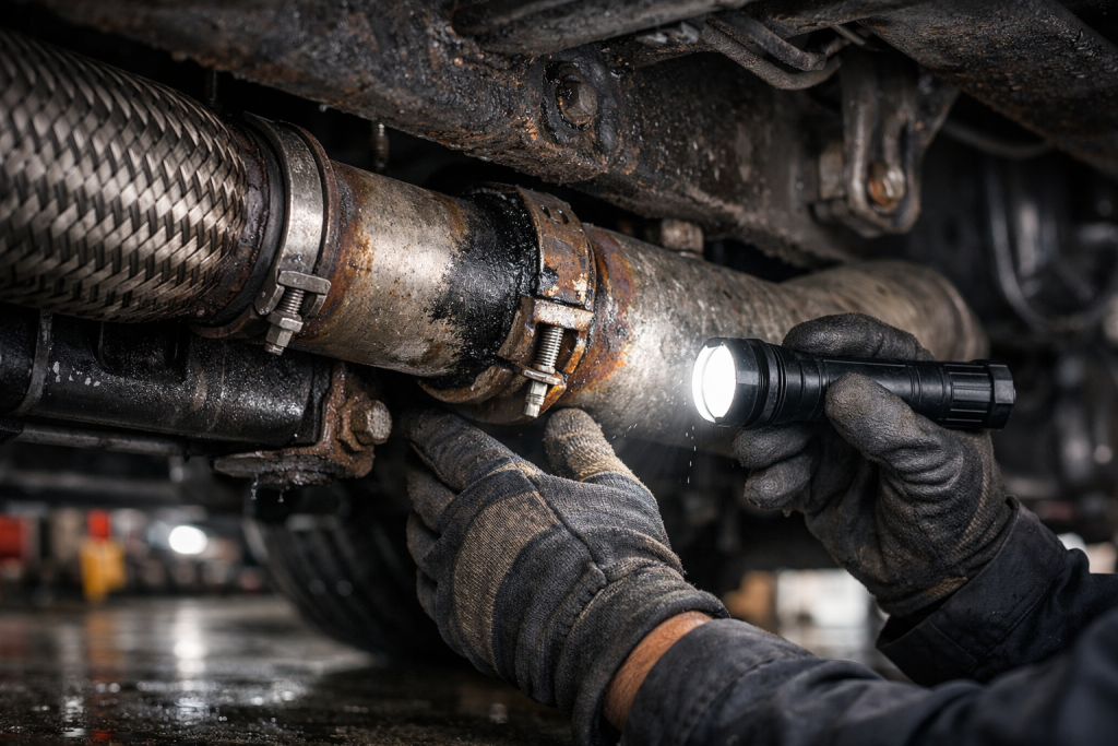 Technician inspecting a refuse truck underside with a flashlight during Exhaust System & Body Maintenance service in a professional repair bay