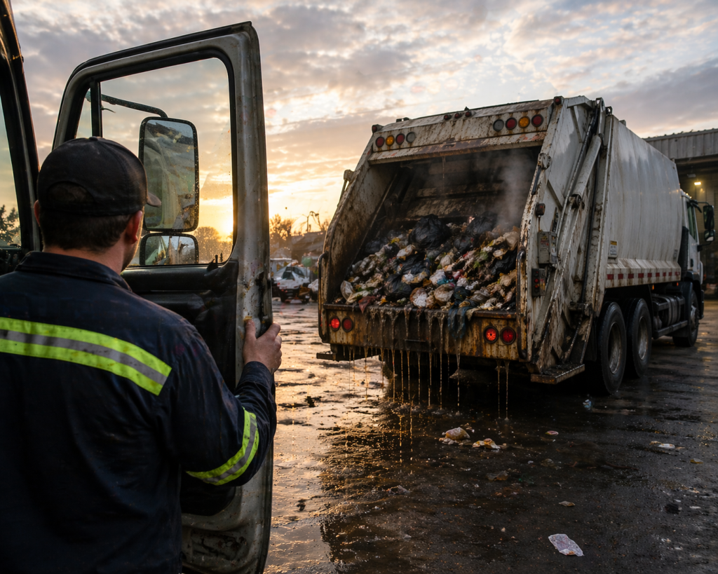 Refuse truck maintenance example showing loaded garbage truck leaking leachate overnight as driver opens cab
