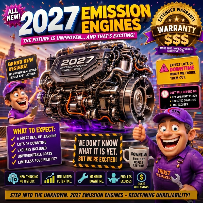 Satirical ad poster mocking 2027 emission engine regulations, featuring a flashy concept engine, cartoon mechanics, and tongue-in-cheek warnings about downtime, excuses, and unpredictable costs.