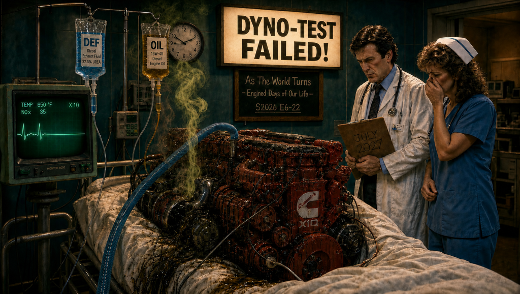 Cummins X10 engine in a hospital bed with DEF and oil IV bags, EKG monitor, and a "Dyno-Test Failed" sign — a dramatic soap opera parody illustrating the X10 engine delay.