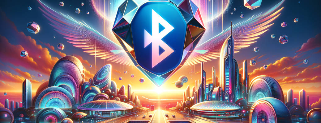 Whimsical Bluetooth symbol in vibrant Pop Futurism landscape