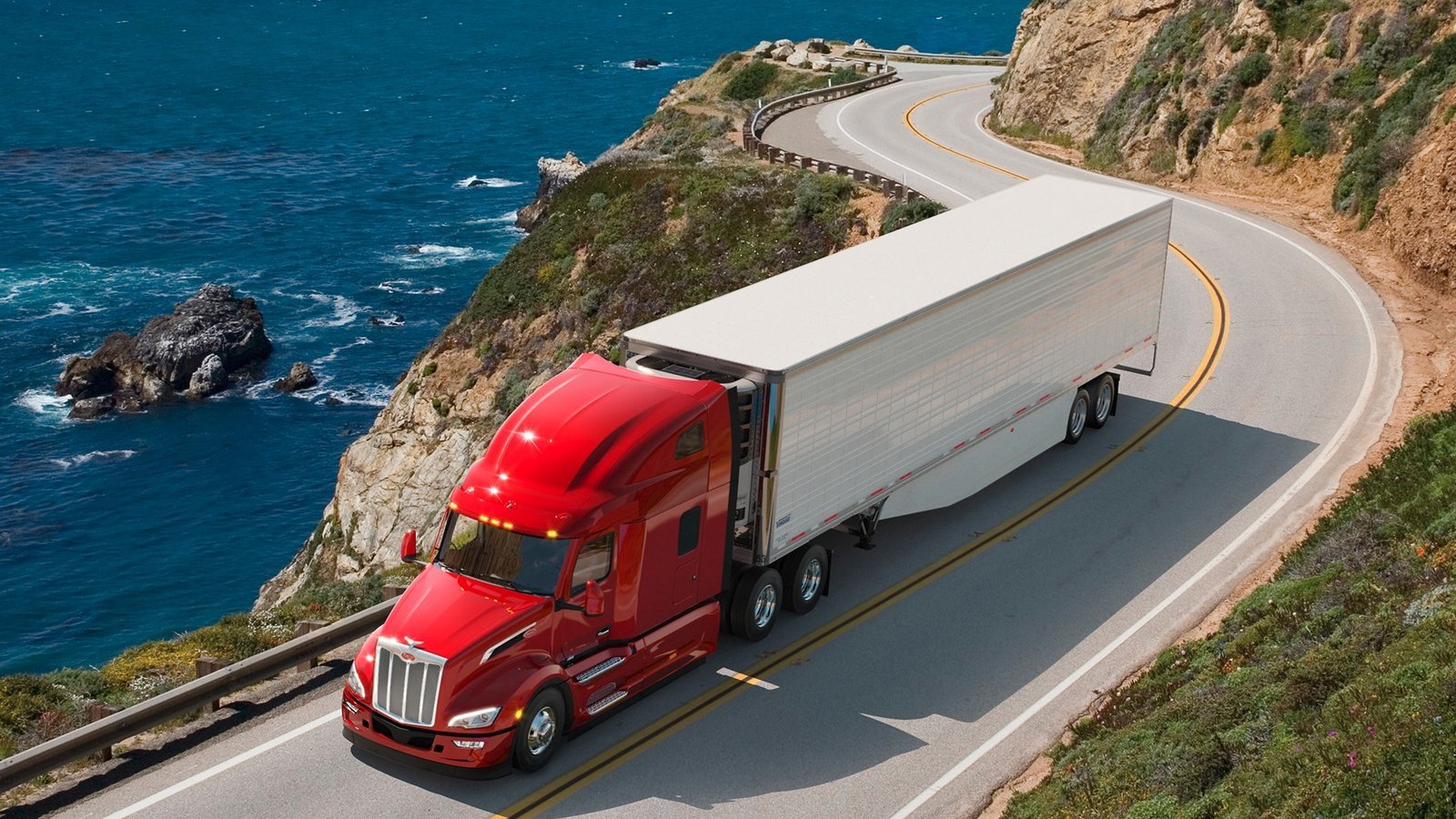 A red Peterbilt 579 on the highway