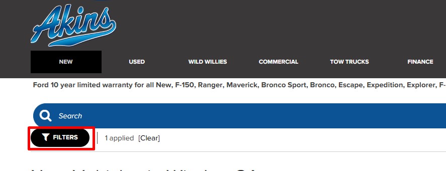 Search filters on Akins Ford inventory
